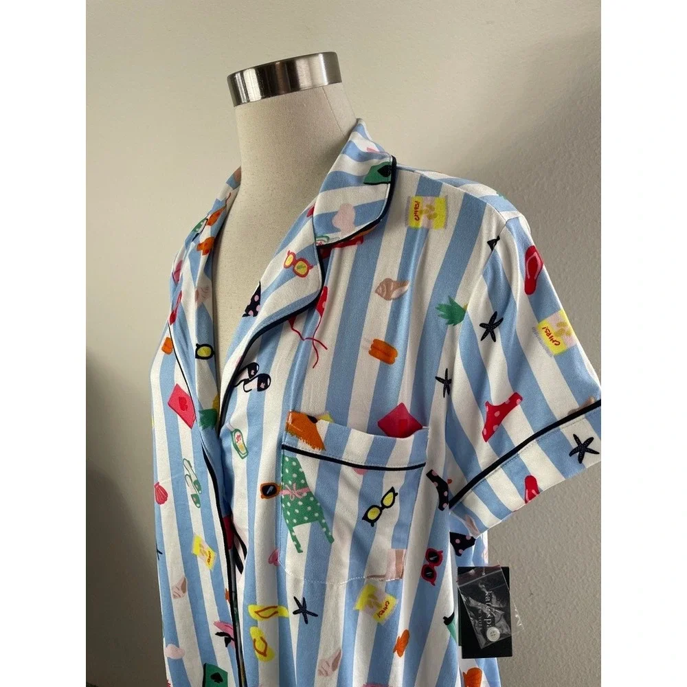 NEW Kate Spade Womens XL Blue Stripe Floral Sleep Top Pajama Shirt